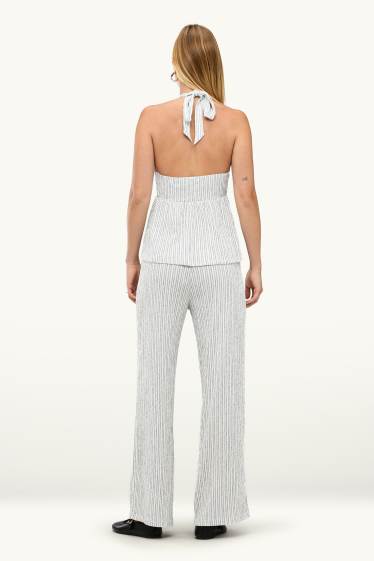 Damen - Stoffhose - Mid Waist - Wide Leg - gestreift - weiss / schwarz