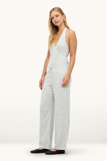 Damen - Stoffhose - Mid Waist - Wide Leg - gestreift - weiss / schwarz