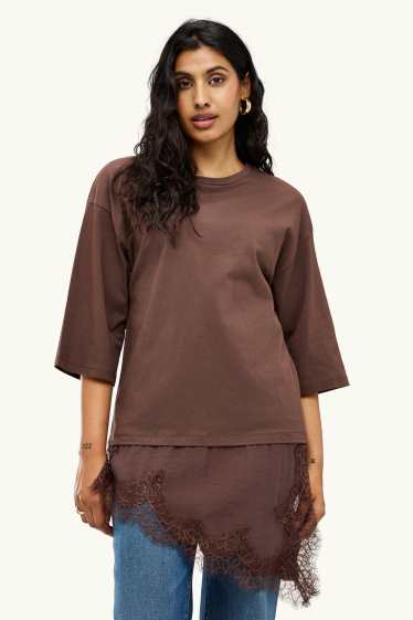 Damen - T-Shirt - Regular Fit - 2-in-1-Look - dunkelbraun