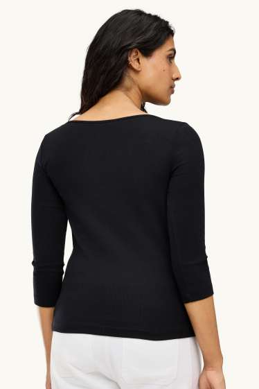 Femmes - Haut à manches longues - slim fit - finition côtelée - noir