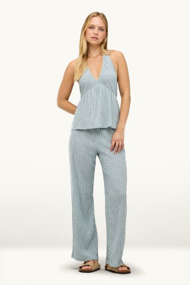 Women - Cloth trousers - mid-rise waist - wide leg - striped - light blue