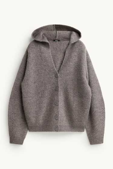 Women - Cardigan with hood - gray-brown