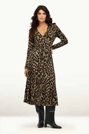 Dona - Vestit fit & flare amb cinturó - estampat de lleopard - marró
