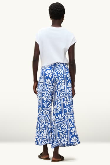 Women - Cloth trousers - mid-rise waist - - palazzo - patterned - blue / white