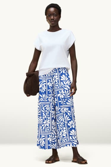 Women - Cloth trousers - mid-rise waist - - palazzo - patterned - blue / white