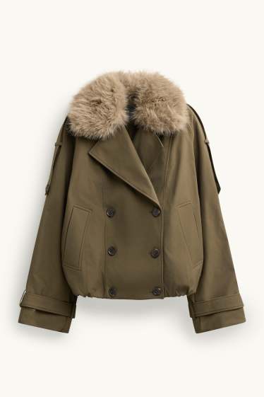 Damen - Crop Trenchcoat mit Kunstfellbesatz - wasserabweisend - khaki