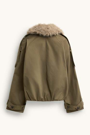 Damen - Crop Trenchcoat mit Kunstfellbesatz - wasserabweisend - khaki