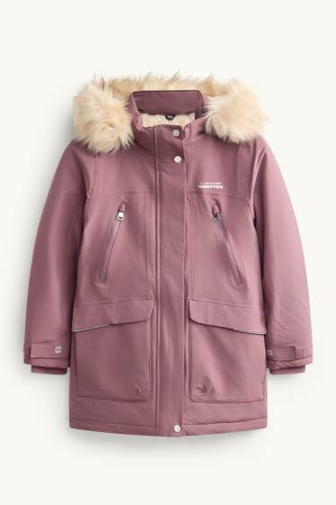 Children Girls - Rain jacket with hood and faux fur collar - waterproof - dark rose
