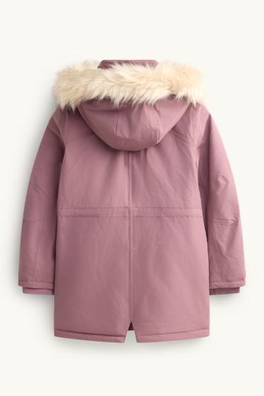 Children Girls - Rain jacket with hood and faux fur collar - waterproof - dark rose