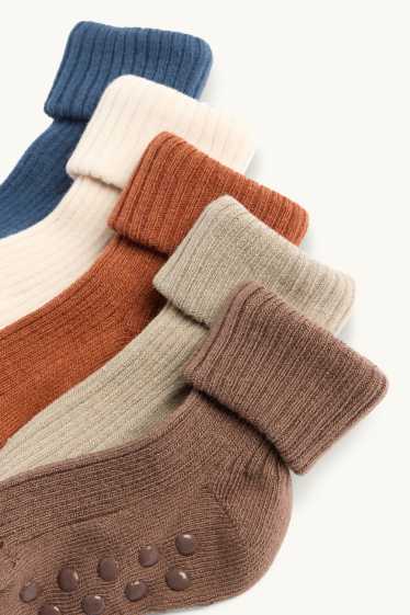 Neonati - Confezione da 5 - calze antiscivolo con perni per neonati - a coste - marrone / beige