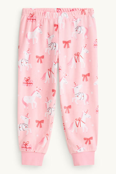 Kinder Mädchen - Einhorn, Geschenk und Schleife - Fleece-Pyjama - 2 teilig - pink