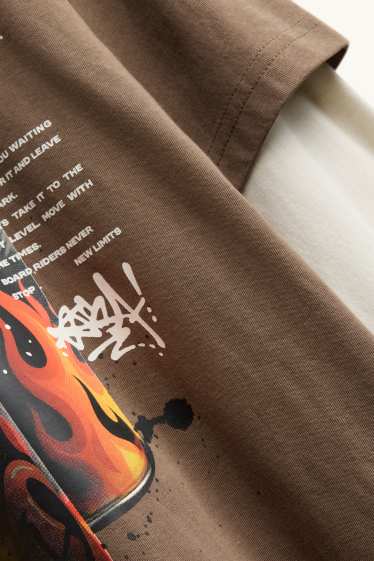 Children Boys - Graffiti - long sleeve top - 2-in-1 look - brown / cremewhite