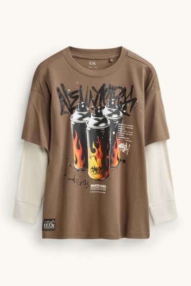 Children Boys - Graffiti - long sleeve top - 2-in-1 look - brown / cremewhite