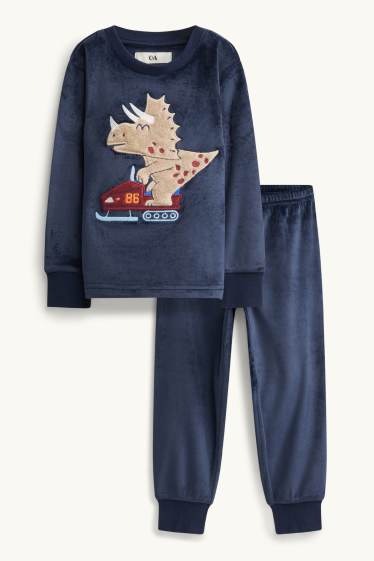 Bambini - Dinosauri e motoslitta - pigiama in velluto - 2 pezzi - blu scuro