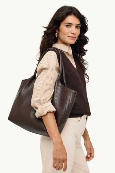 Damen - Großer Shopper - Lederimitat - dunkelbraun