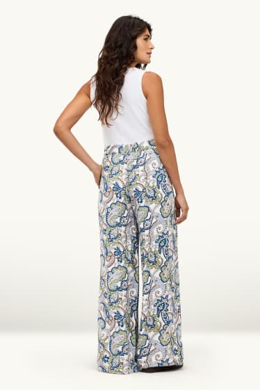 Damen - Stoffhose - High Waist - Wide Leg - gemustert - weiß / blau