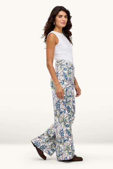 Damen - Stoffhose - High Waist - Wide Leg - gemustert - weiß / blau