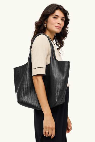 Damen - Großer Shopper - Lederimitat - schwarz