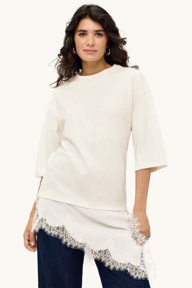 Damen - T-Shirt - Regular Fit - 2-in-1-Look - cremeweiss