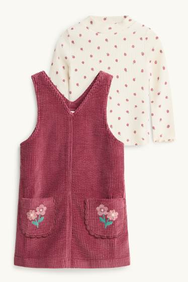 Enfants filles - Fleurs - ensemble - robe en velours côtelé et haut à manches longues - 2 pièces - bordeaux