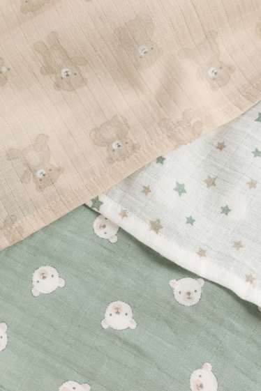 Baby: jongens - Set van 3 - teddybeer - hydrofiel babydoekje - beige / groen