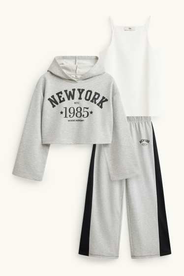 Kinder Mädchen - New York - Set - Hoodie, Top, Jogginghose - 3 teilig - grau-melange