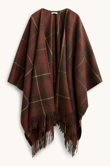 Dames - Poncho met franjes - geruit - bruin / geel