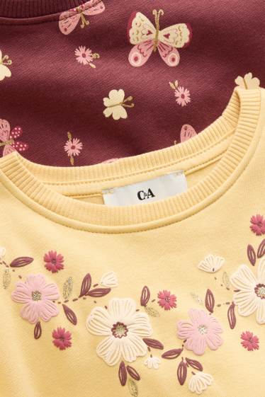 Kinderen: meisjes - Set van 2 - bloem en vlinder - sweatshirt - lichtgeel