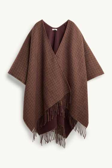 Femmes - Poncho à franges - à carreaux - marron / beige