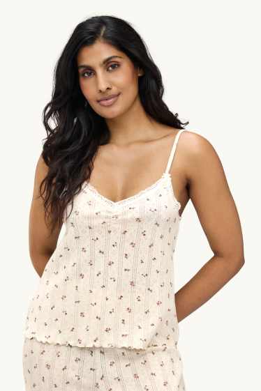 Damen - Pointelle-Pyjama - geblümt - cremeweiss
