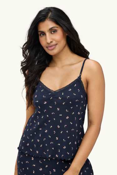 Dona - Pijama de teixit d'ordit calat - de flors - blau fosc