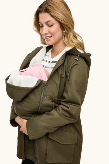 Donna - Parka tecnico premaman con cappuccio e inserto porta-bebè - verde scuro
