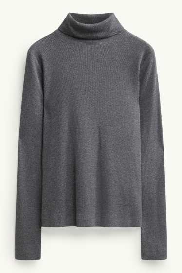 Damen - Rollkragenshirt - gerippt - dunkelgrau-melange