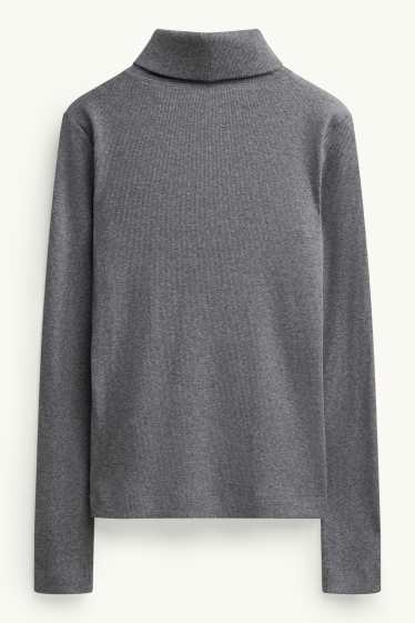 Damen - Rollkragenshirt - gerippt - dunkelgrau-melange