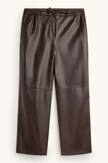 Femei - Pantaloni de stofă - talie medie - straight leg - imitație de piele - maro închis