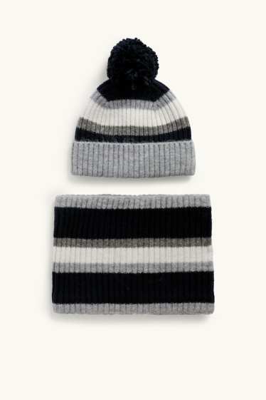 Bambini - Set - berretto con pompon e scaldacollo - a coste - 2 pezzi - grigio / nero