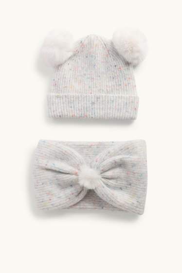 Enfants filles - Ensemble - bonnet et bandeau - finition côtelée - 2 pièces - gris chiné