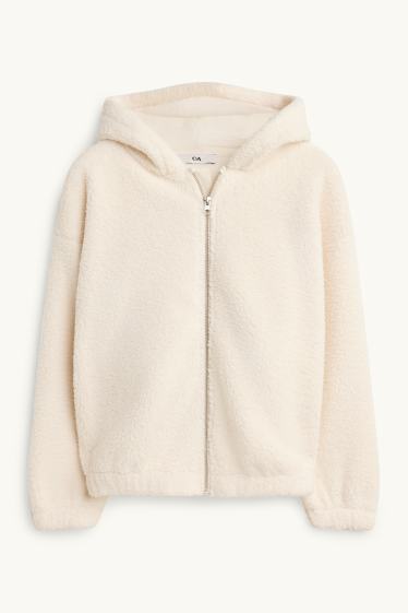 Bambine - Giacca in pelo teddy con cappuccio - bianco crema