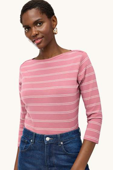 Women - Long sleeve top - regular fit - striped - rose