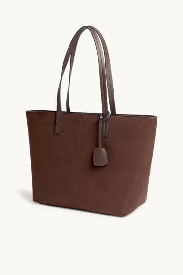 Damen - Großer Shopper - Velourslederimitat - braun