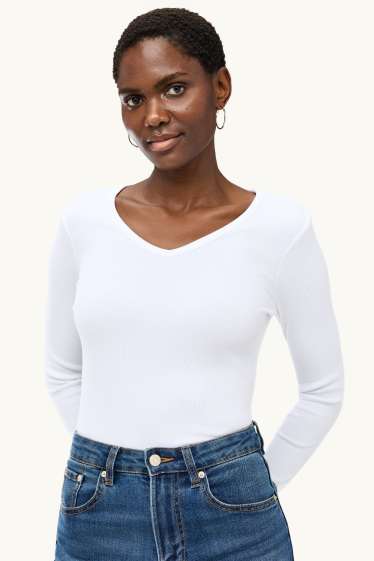 Femmes - Haut à manches longues avec encolure en V - slim fit - blanc