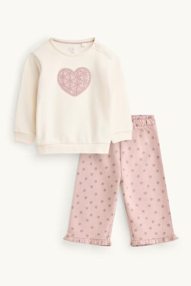Baby Mädchen - Herzchen und Blümchen - Baby-Outfit - 2 teilig - weiß / rosa