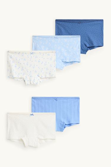 Enfants filles - Lot de 5 - fleurs - caleçons - bleu / blanc