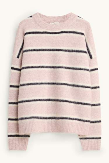 Damen - Pullover - gestreift - schwarz / rosa