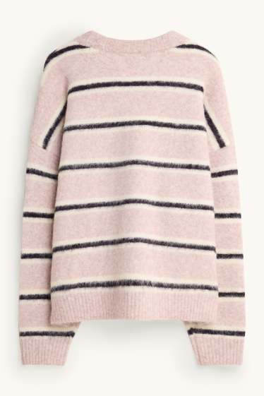 Damen - Pullover - gestreift - schwarz / rosa