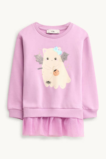 Enfants filles - Halloween - chat et fantôme - sweat - effet brillant - rose