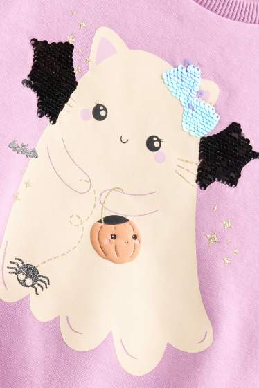 Enfants filles - Halloween - chat et fantôme - sweat - effet brillant - rose