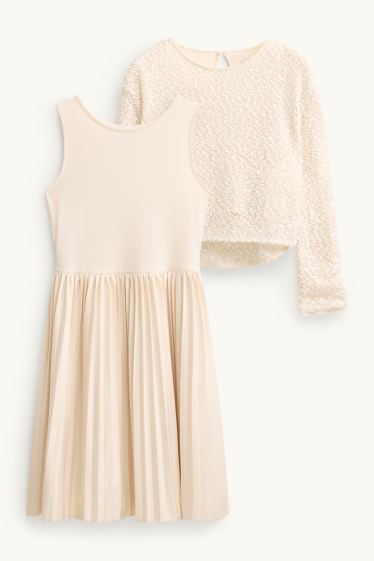 Bambine - Set - vestito e maglia a maniche lunghe - 2 pezzi - tessuto tramato - crema