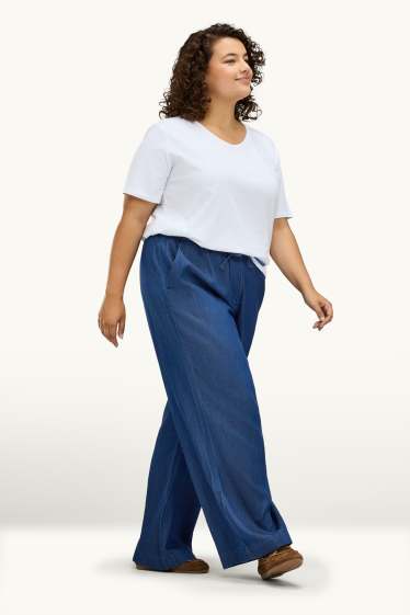 Donna - Pantaloni di stoffa - vita alta - gamba ampia - effetto jeans - jeans blu