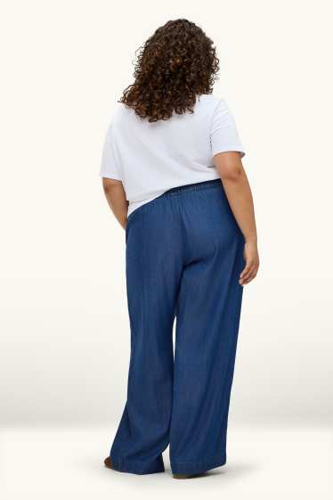 Donna - Pantaloni di stoffa - vita alta - gamba ampia - effetto jeans - jeans blu